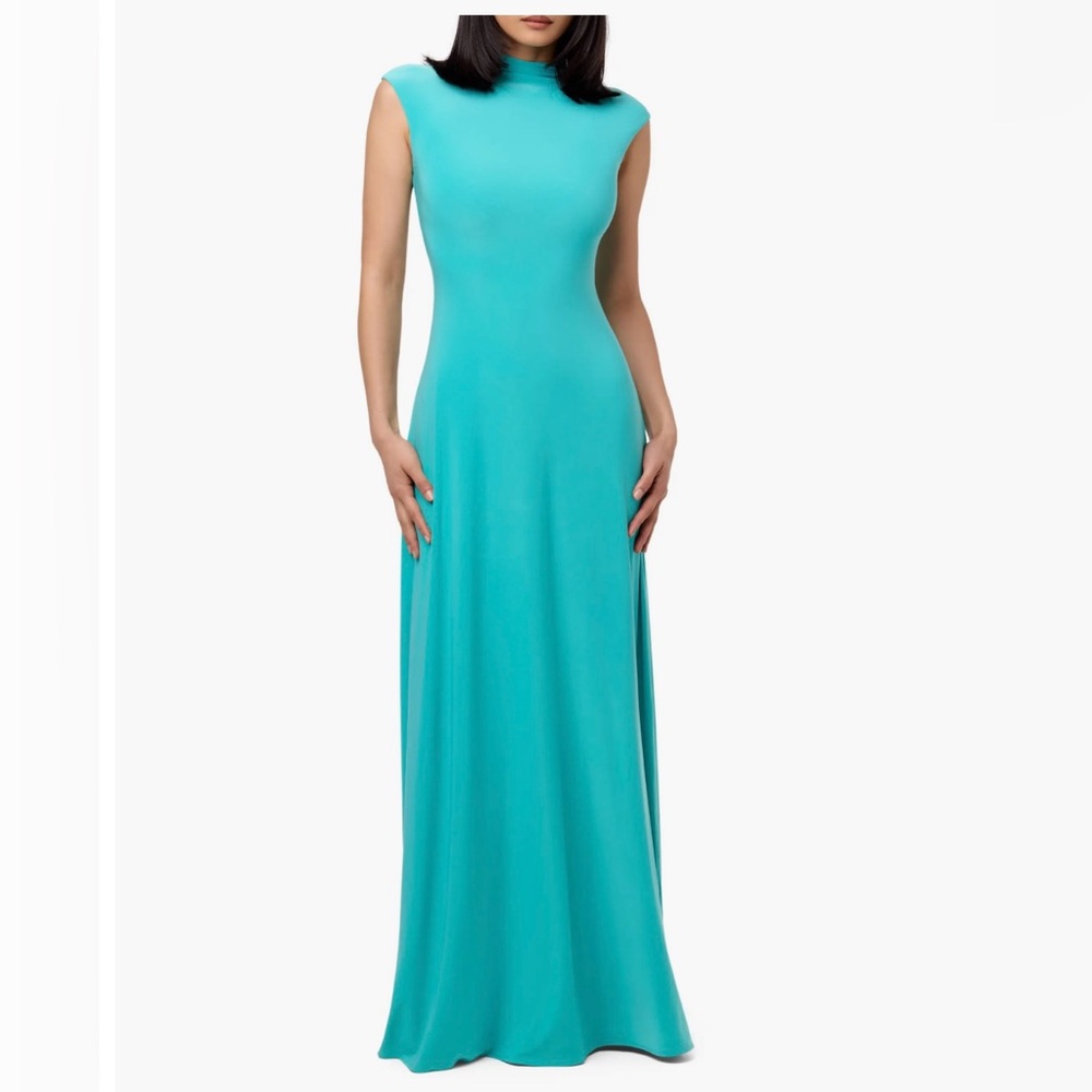 Naked Wardrobe Turquoise Maxi Flare Dress Mock Neck Cap Sleeve